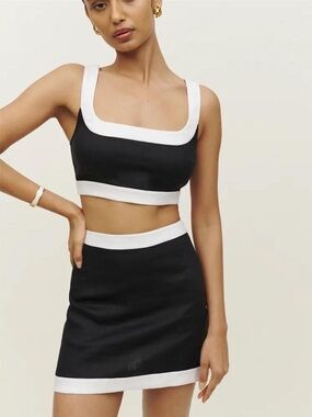 Reformation Robbie Linen Black and White Contrast Crop Top & Mini Skirt Set